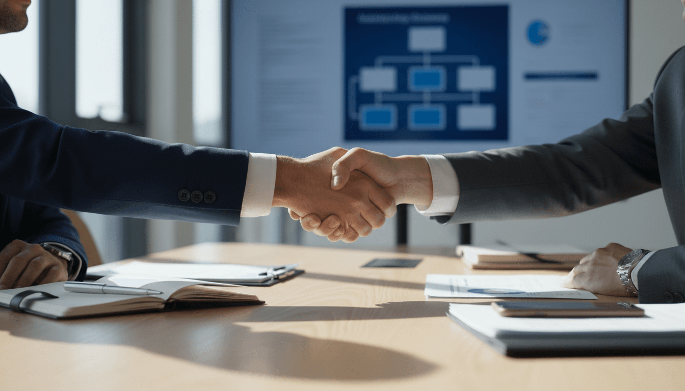 Professional business partnership discussion with materials and handshake