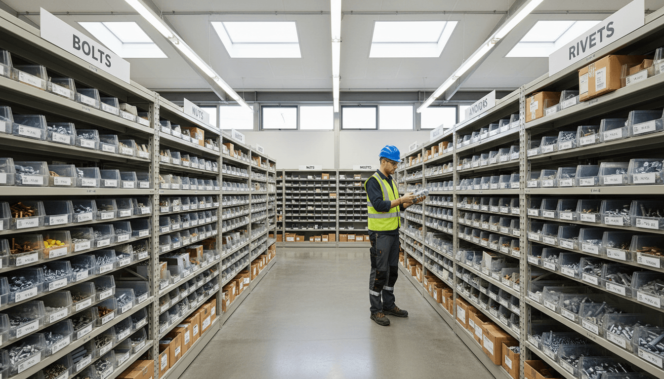 Well-organized supply warehouse with professional shelving and equipment storage